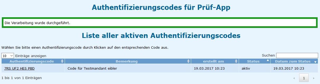 Authentifizierungscode/Prüfcode für BMF Belegcheck App erfolgreich angefordert Authentifizierungscode/Prüfcode für BMF Belegcheck App erfolgreich angefordert