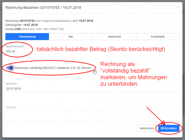 Rechnung als vollständig bezahlt markieren