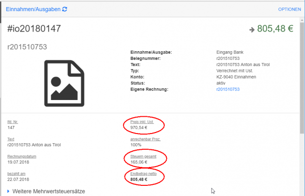 Einnahmen/Ausgaben Eintrag entsprechend der Eingabe erstellt
