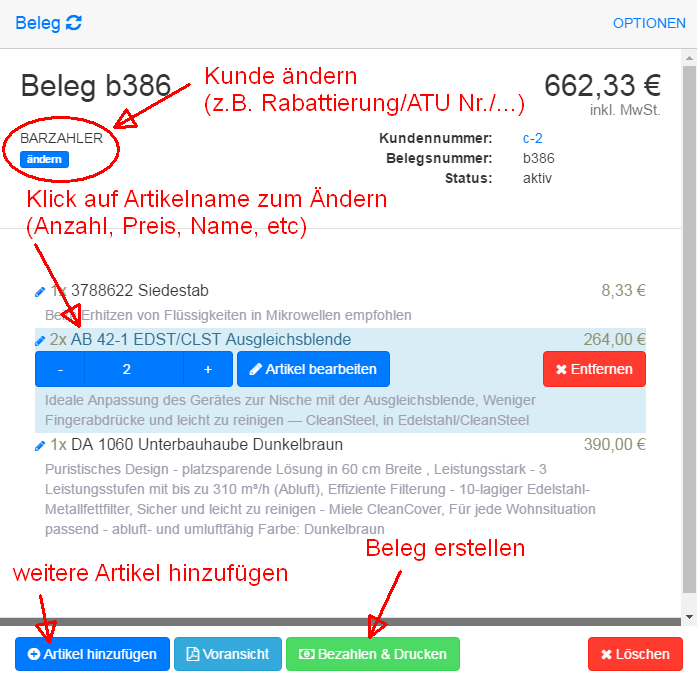 cash-cube "mang" Beleg erstellen