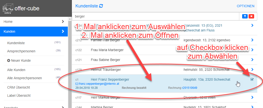 Kundenliste Eintrag angeklickt Kundenliste Eintrag angeklickt