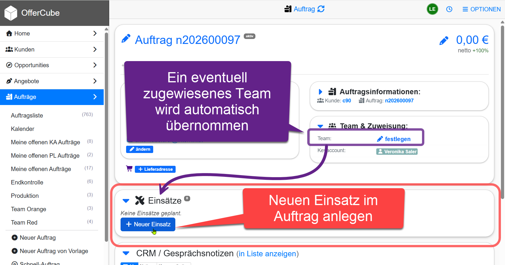 Neuen Einsatz im Auftrag anlegen