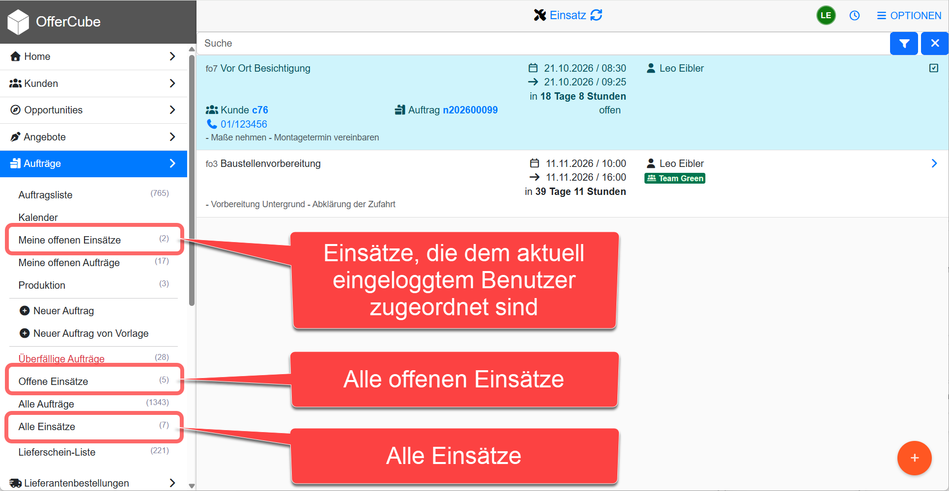Liste der eigenen Einsätze