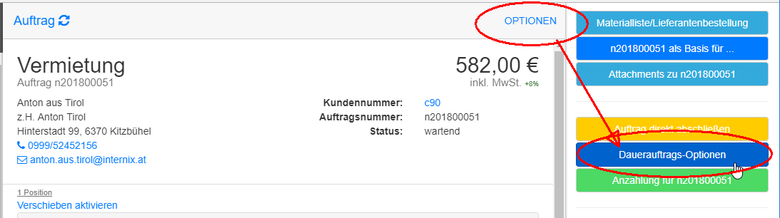 Optionen Dauerauftrag Einstellungen