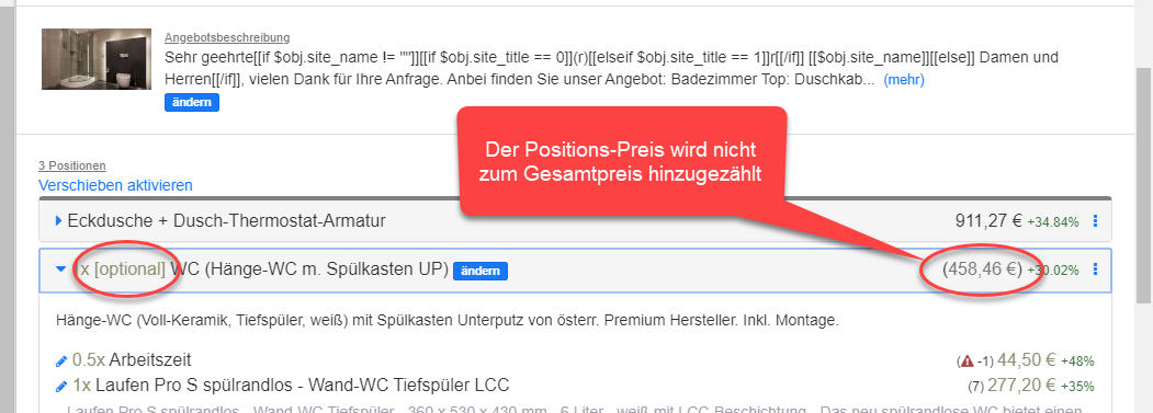 Position als optional markiert und Preis in Klammer Position als optional markiert und Preis in Klammer