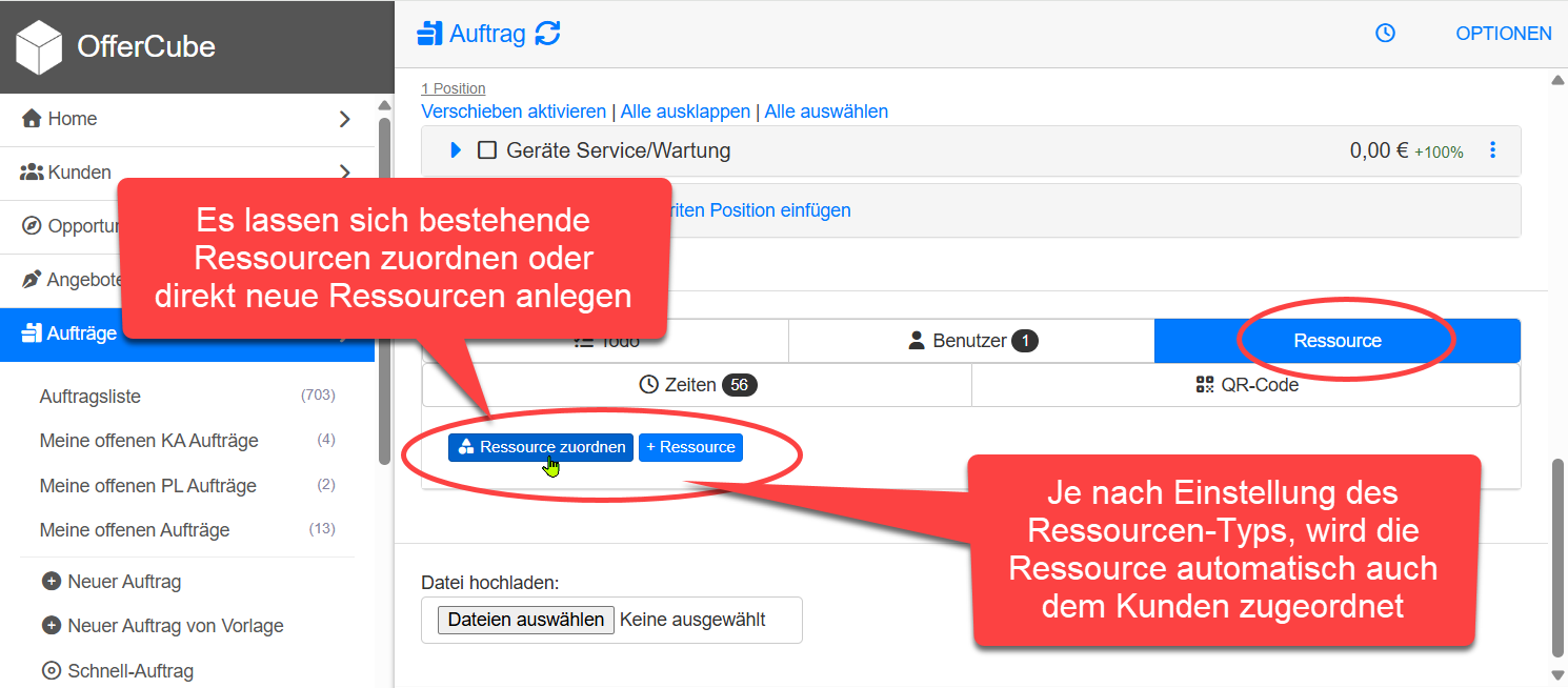 Ressource zu Auftrag hinzufügen