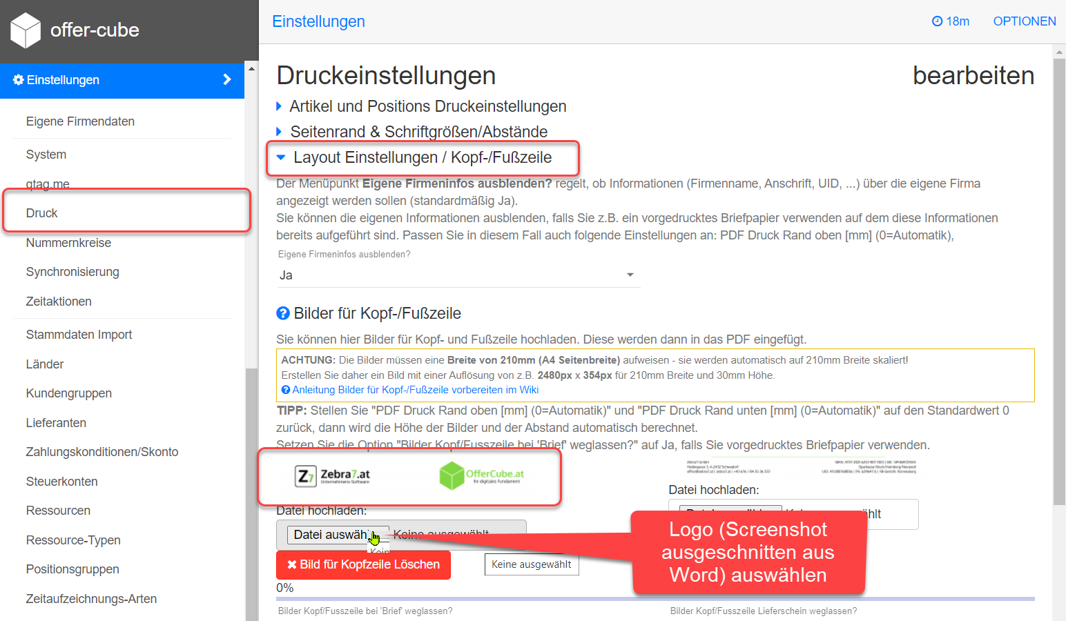 Logo als Kopf/Fusszeile hochladen Logo als Kopf/Fusszeile hochladen