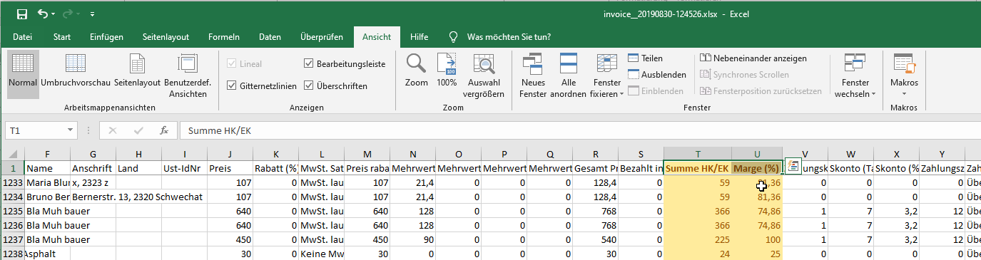 Excel Export Felder Summe HK/EK Marge Excel Export Felder Summe HK/EK Marge