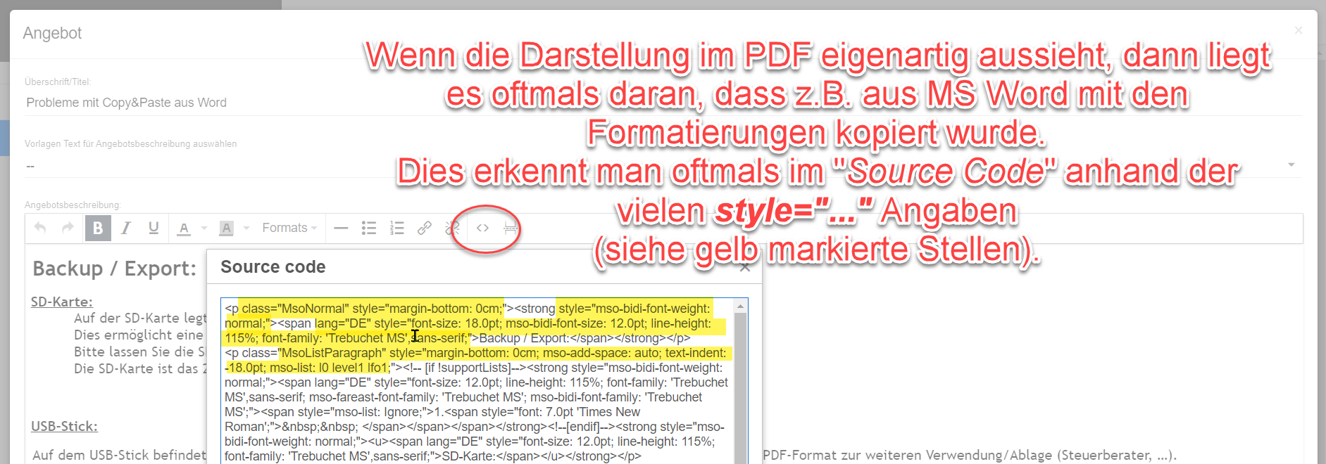 Fehlerhafte Formatierungen und Styles bei Copy&Paste aus Word oder Email Fehlerhafte Formatierungen und Styles bei Copy&Paste aus Word oder Email