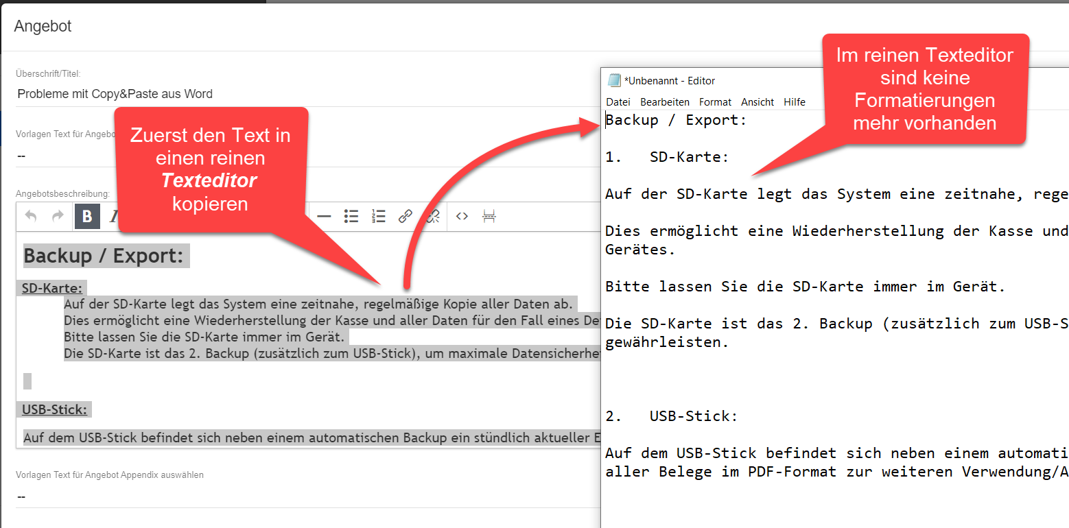 Zuerst den Text in reinen Text-Editor kopieren Zuerst den Text in reinen Text-Editor kopieren