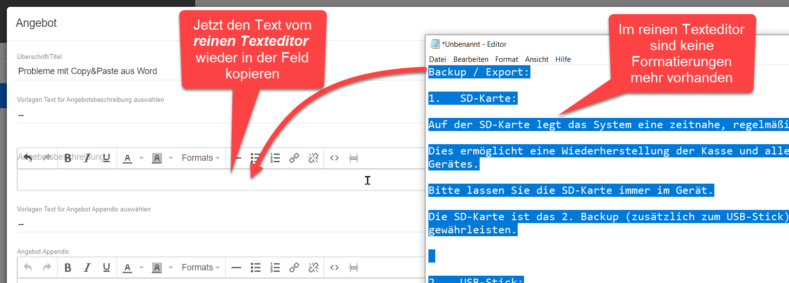 Aus dem Texteditor zurückkopieren Aus dem Texteditor zurückkopieren