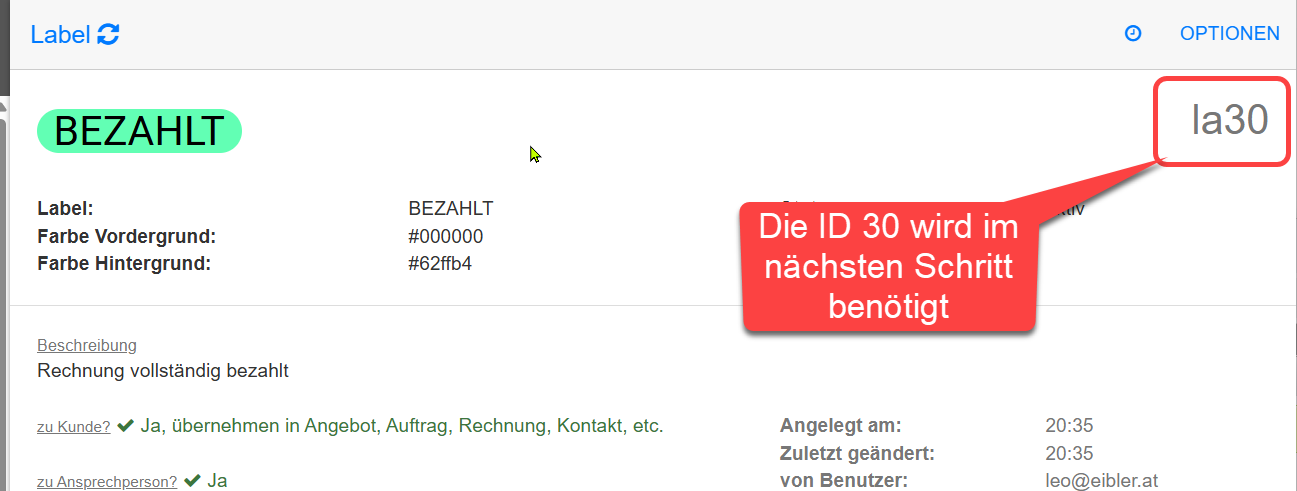 Die ID des Labels wird im nächsten Schritt benötigt Die ID des Labels wird im nächsten Schritt benötigt