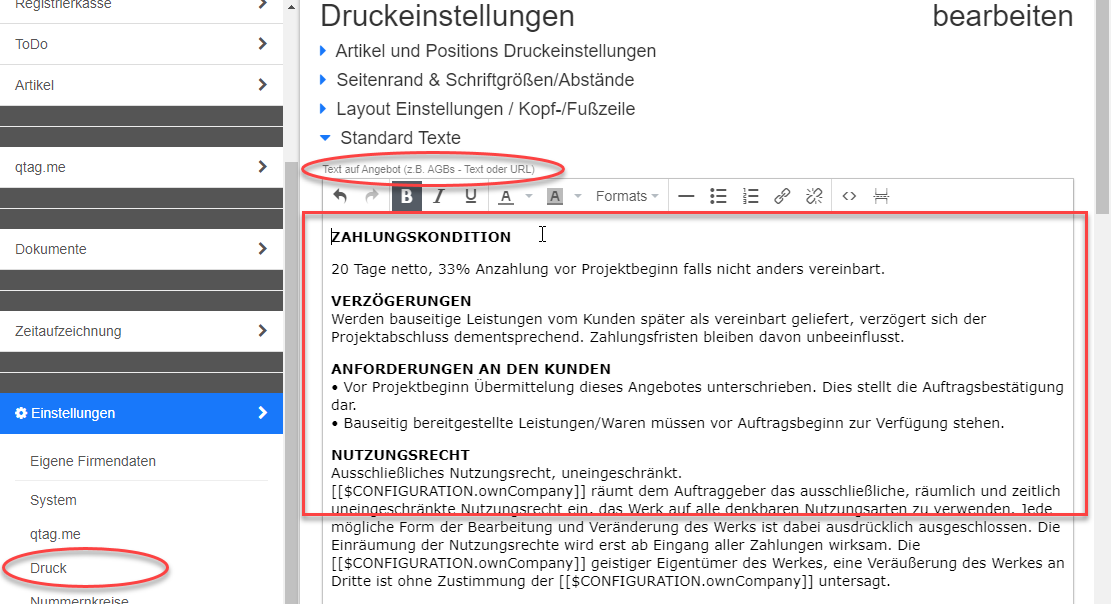 Druckeinstellungen Standardtexte Druckeinstellungen Standardtexte