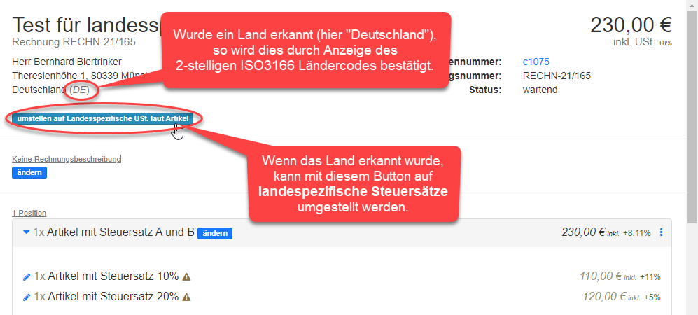 Rechnung -> Land erkannt Rechnung -> Land erkannt