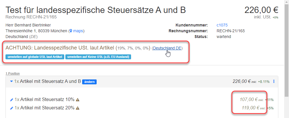 Rechnung -> auf landesspezifischen Steuersatz umgestellt Rechnung -> auf landesspezifischen Steuersatz umgestellt