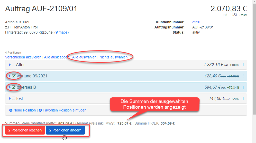 Positionen auswählen Positionen auswählen
