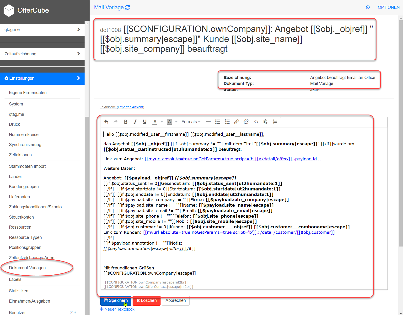 Einstellungen -> Email Dokument Vorlage Textblock Einstellungen -> Email Dokument Vorlage Textblock