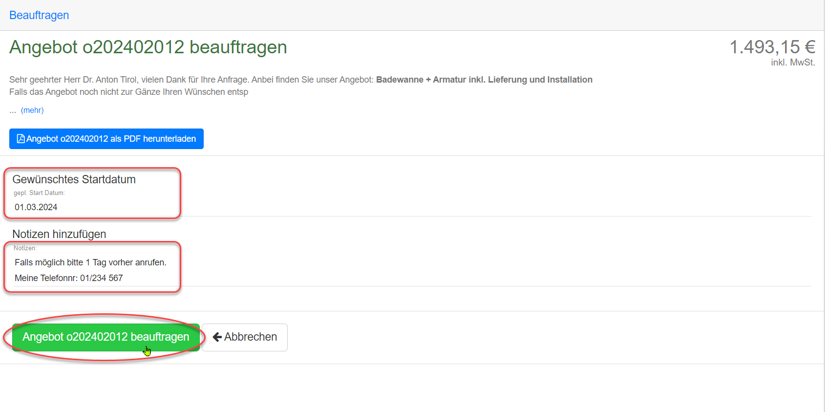 Angebot beauftragen Angebot beauftragen
