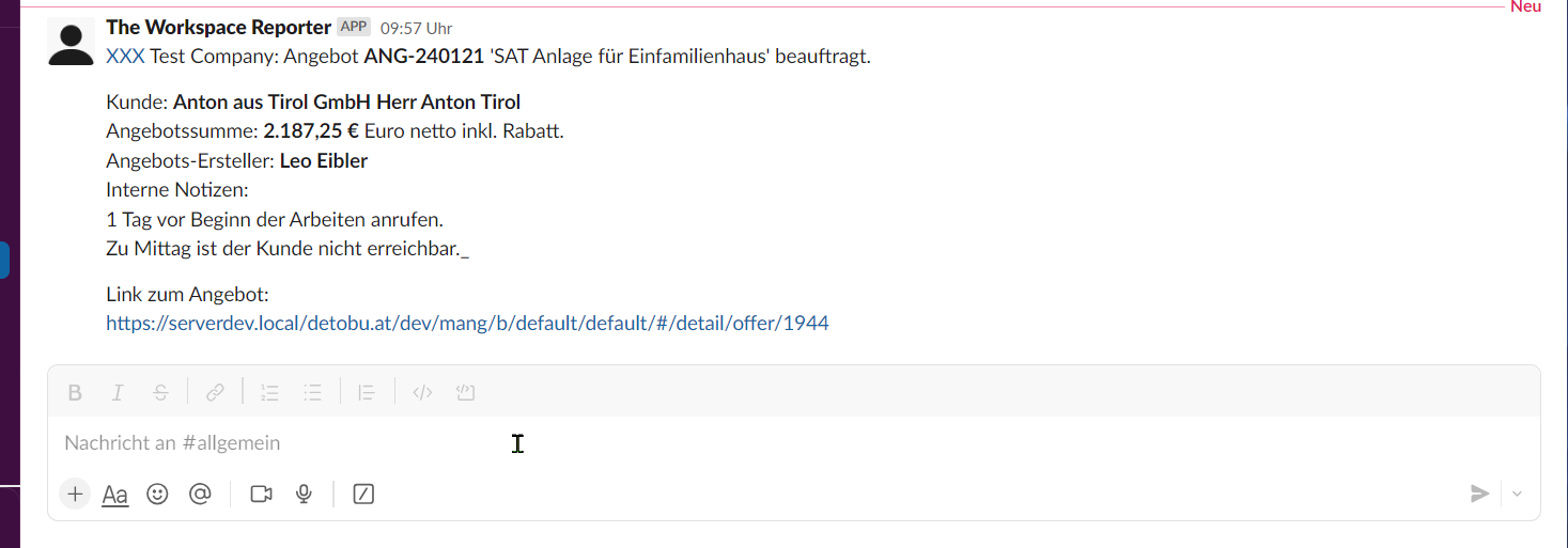 Ergebnis in SLACK Ergebnis in SLACK