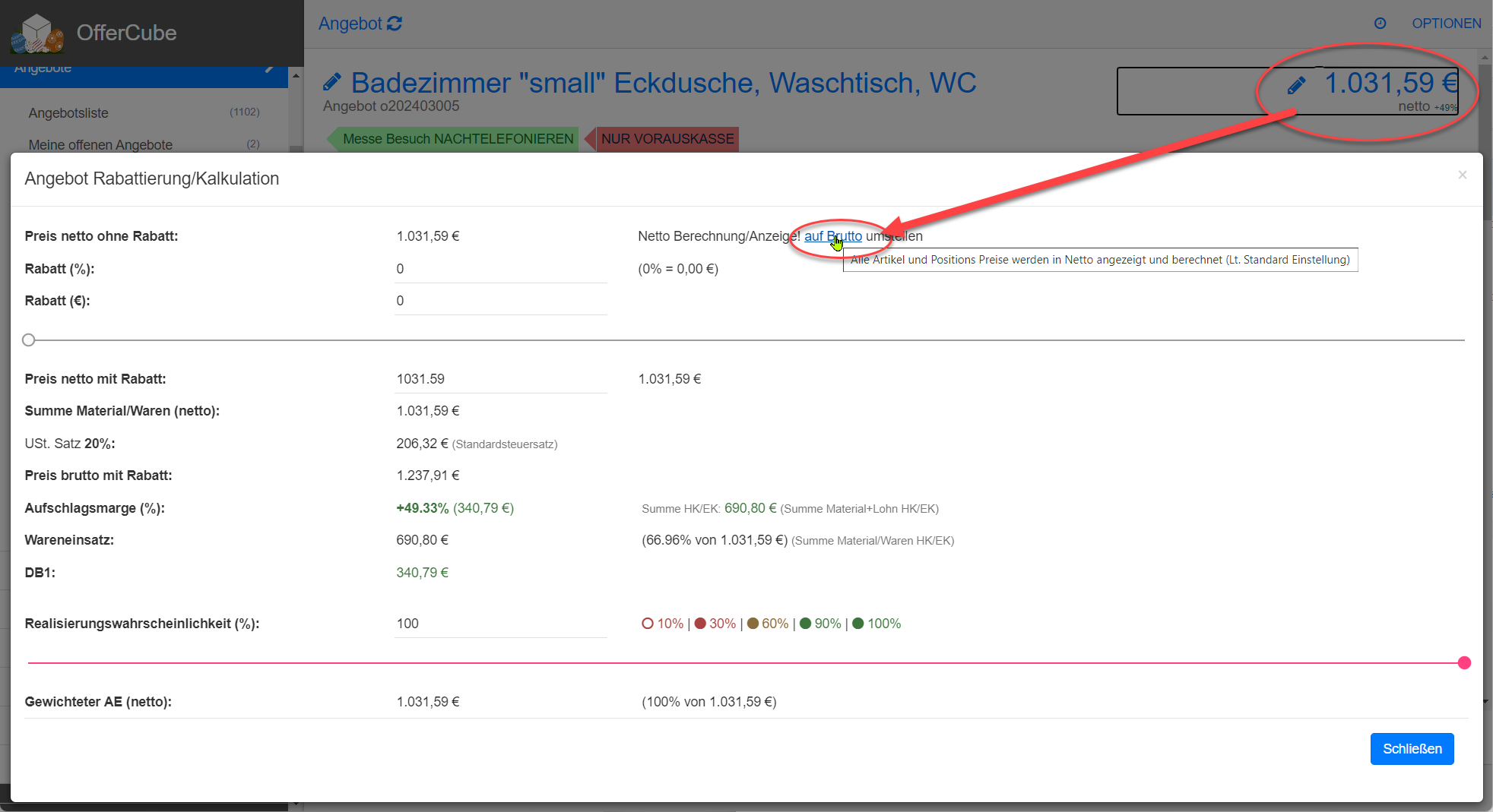 Brutto Modus einmalig aktivieren Brutto Modus einmalig aktivieren