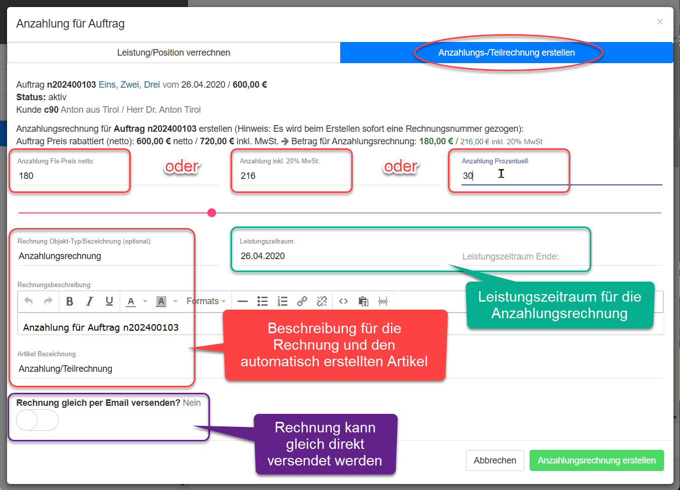 Dialog Anzahlungsrechnung Dialog Anzahlungsrechnung