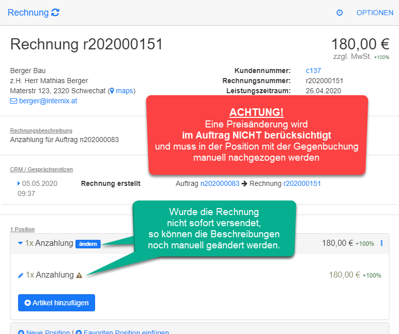 Erstellte Anzahlungsrechnung Erstellte Anzahlungsrechnung