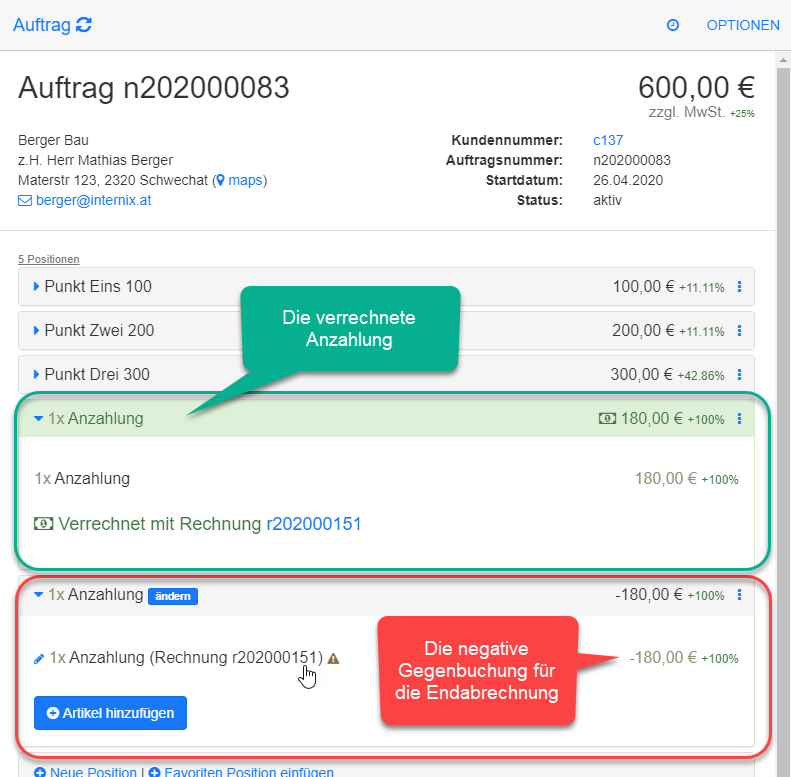 Erstellte Positionen mit Gegenbuchung Erstellte Positionen mit Gegenbuchung