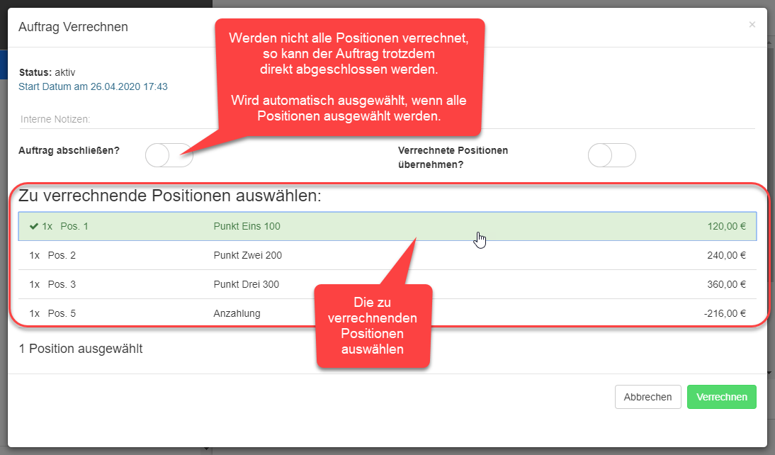 Positionen verrechnen Dialog Positionen verrechnen Dialog