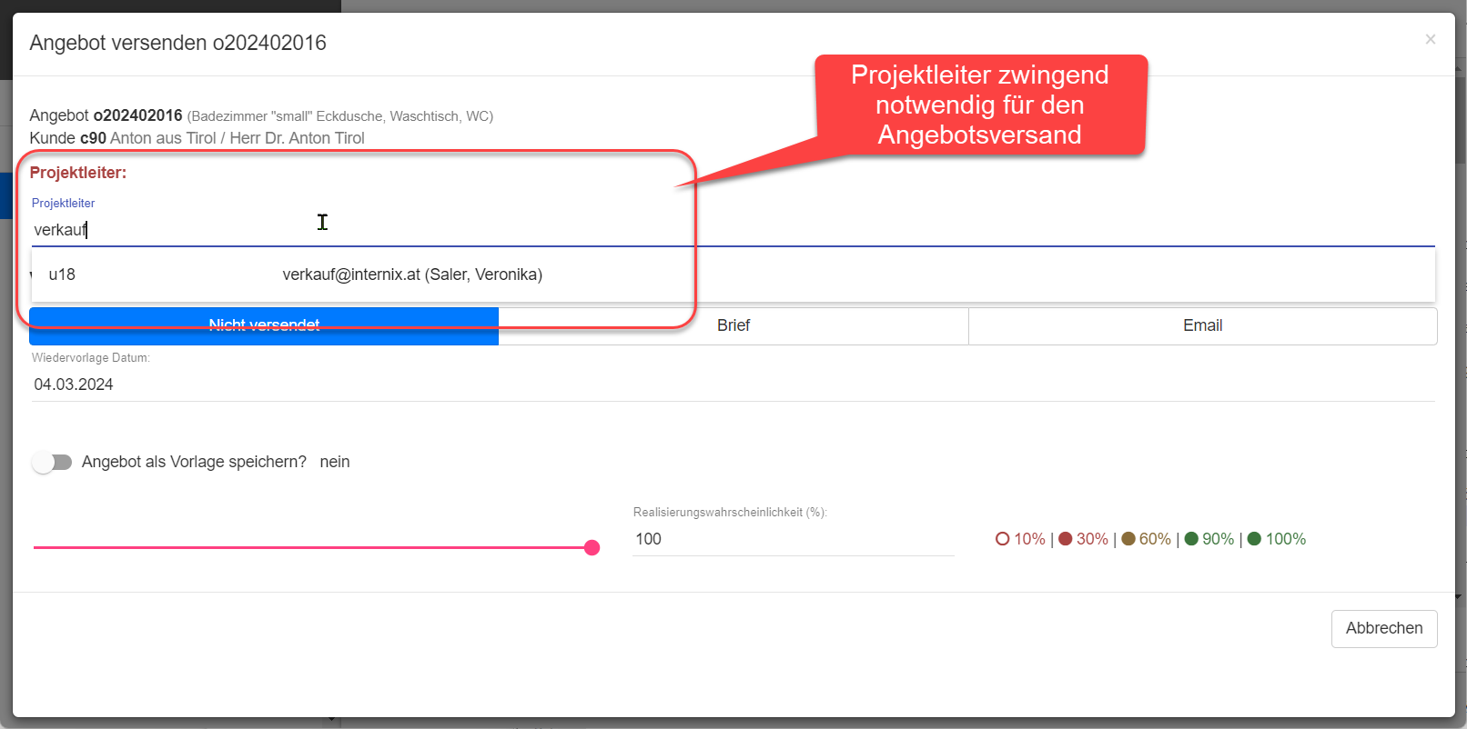 Angebot Versand - Projektleiter notwendig Angebot Versand - Projektleiter notwendig