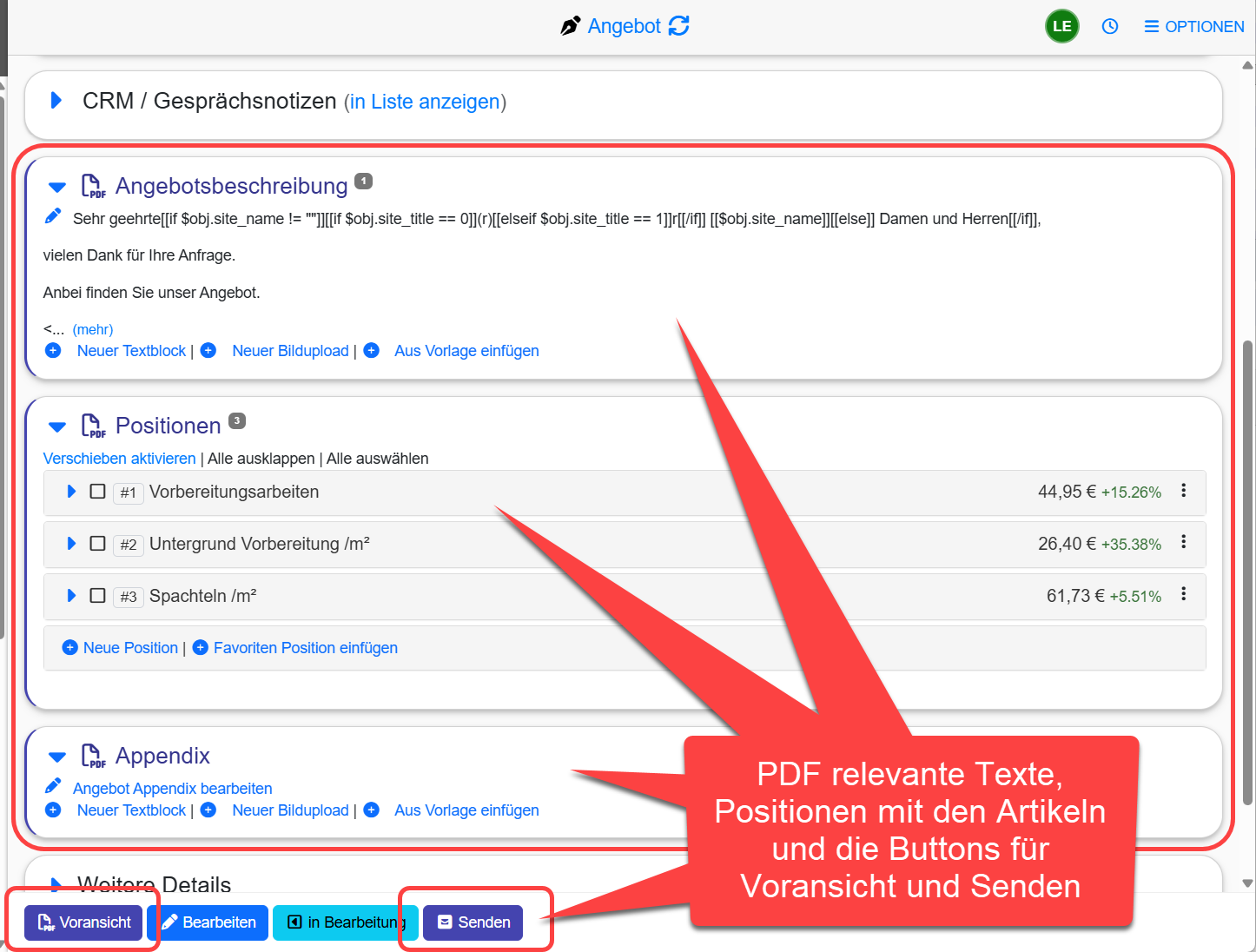 Inhalte des PDFs und Buttons für Voransicht und Versand Inhalte des PDFs und Buttons für Voransicht und Versand