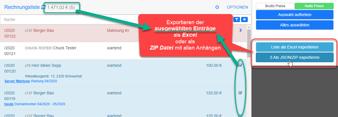 exportieren der ausgewählten Einträge exportieren der ausgewählten Einträge