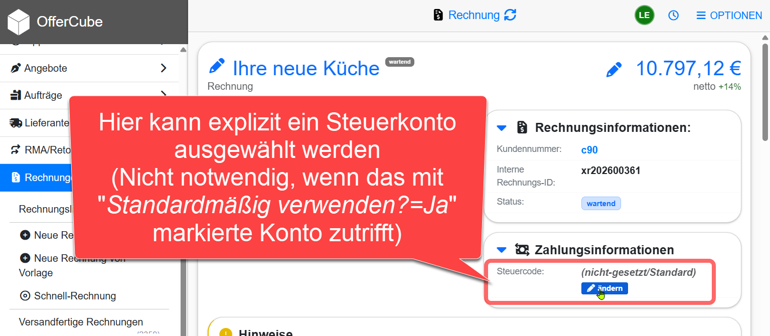 Steuerkonto in Rechnung auswählen Steuerkonto in Rechnung auswählen