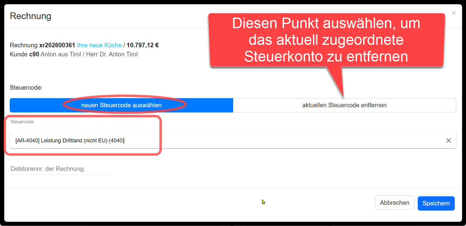 Steuerkonto in Rechnung auswählen Dialogbox Steuerkonto in Rechnung auswählen Dialogbox