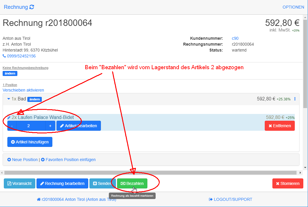 Rechnung bezahlen subtrahiert Artikel Anzahl vom Lagerstand Rechnung bezahlen subtrahiert Artikel Anzahl vom Lagerstand