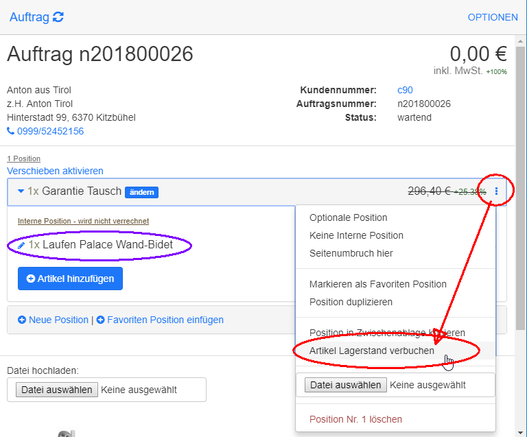 Lagerstand über Position verbuchen Lagerstand über Position verbuchen