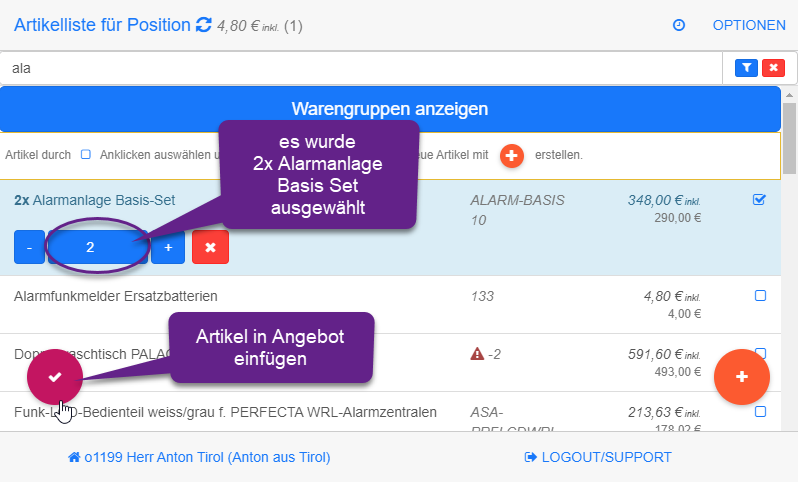 Set-Artikel in gewünschter Menge auswählen Set-Artikel in gewünschter Menge auswählen