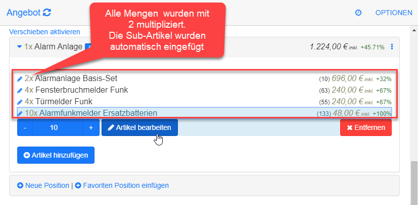 Artikel wurden mit Mengen eingefügt Artikel wurden mit Mengen eingefügt