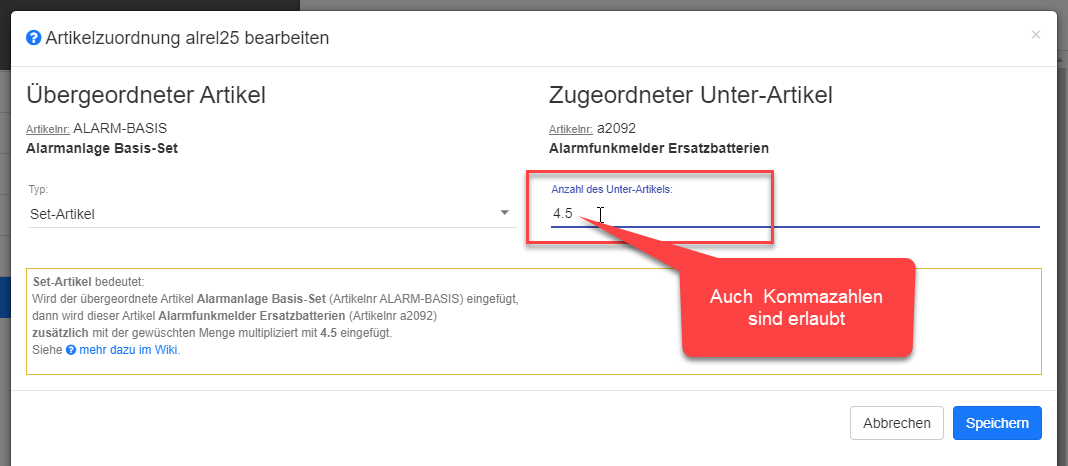 Sub-Artikel Menge bearbeiten Sub-Artikel Menge bearbeiten