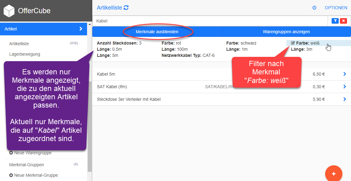 Artikel - Merkmal Filter verwenden Artikel - Merkmal Filter verwenden