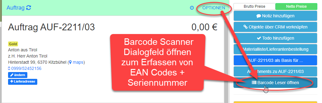 Auftrag Optionen - Barcode Leser öffnen Auftrag Optionen - Barcode Leser öffnen