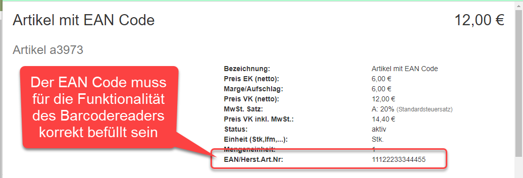 Artikel EAN Code muss befüllt sein Artikel EAN Code muss befüllt sein