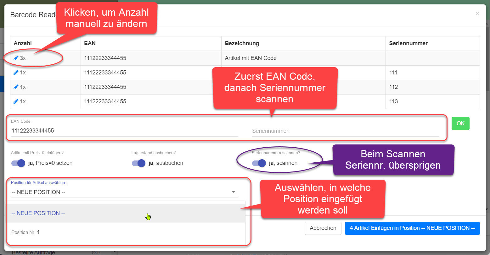 Scannen der Artikel mit EAN Code und Seriennummer Scannen der Artikel mit EAN Code und Seriennummer