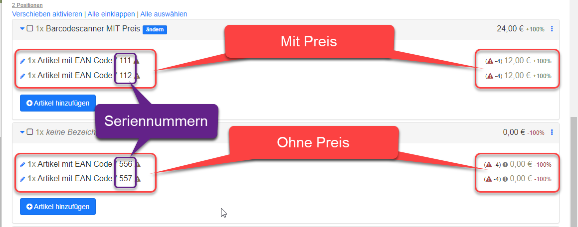 Artikel mit und ohne Preis eingefügt Artikel mit und ohne Preis eingefügt