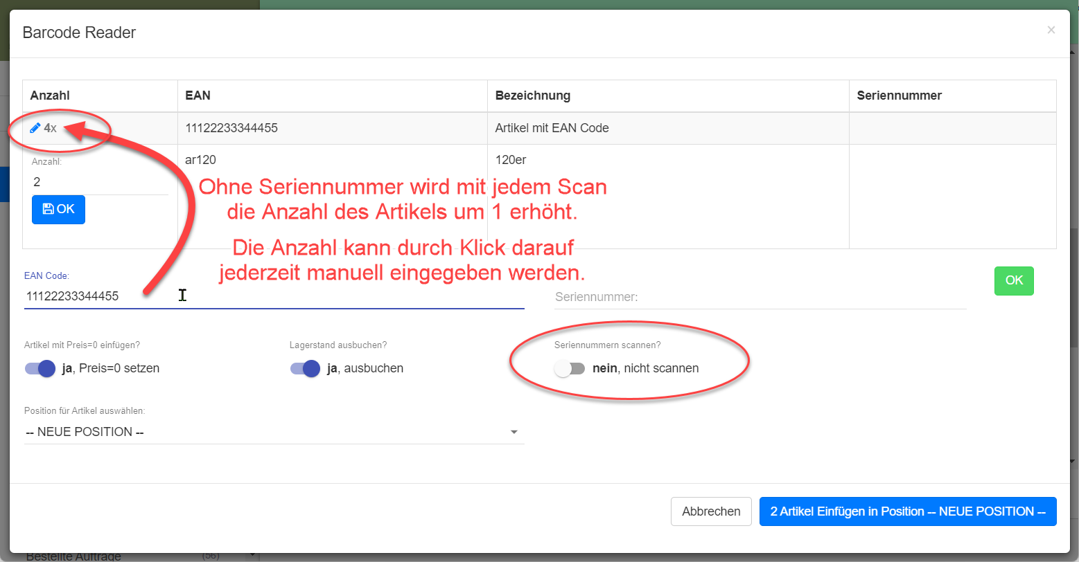 Scannen von Artikeln ohne Seriennummer Scannen von Artikeln ohne Seriennummer