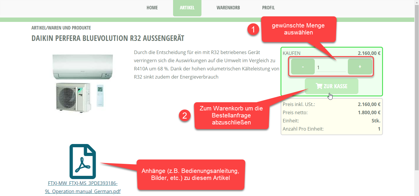 Webshop Kundenansicht Artikel zum Warenkorb hinzufügen Webshop Kundenansicht Artikel zum Warenkorb hinzufügen