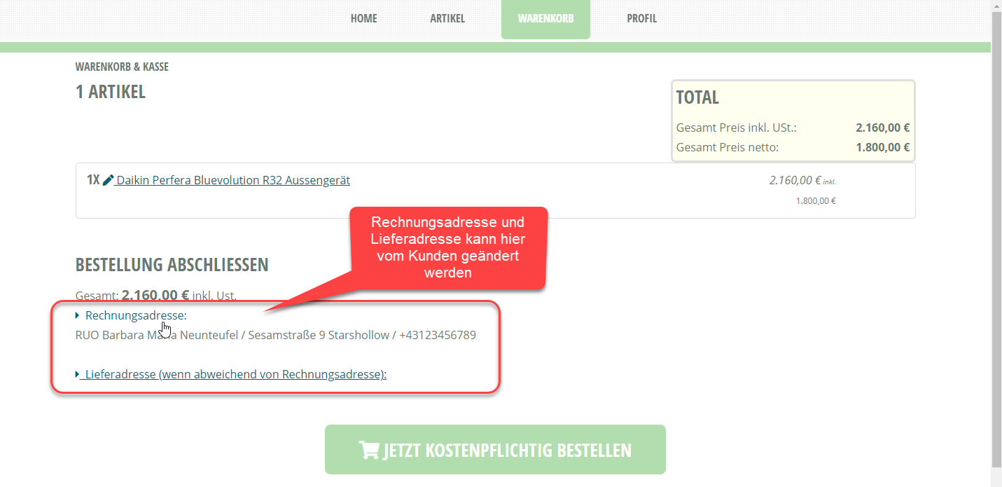 Webshop Kundenansicht Rechnungsadresse und Lieferadresse Webshop Kundenansicht Rechnungsadresse und Lieferadresse