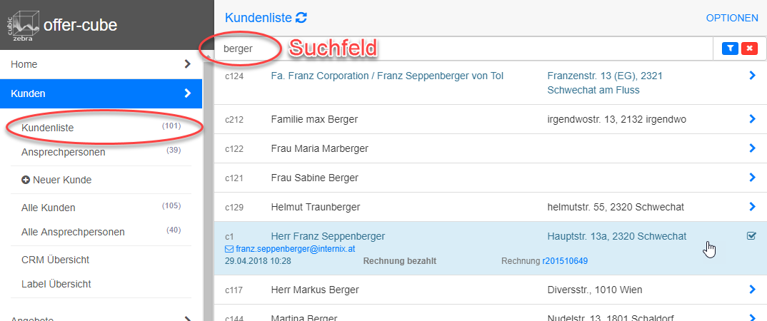 Kundenliste und Suchfeld Kundenliste und Suchfeld