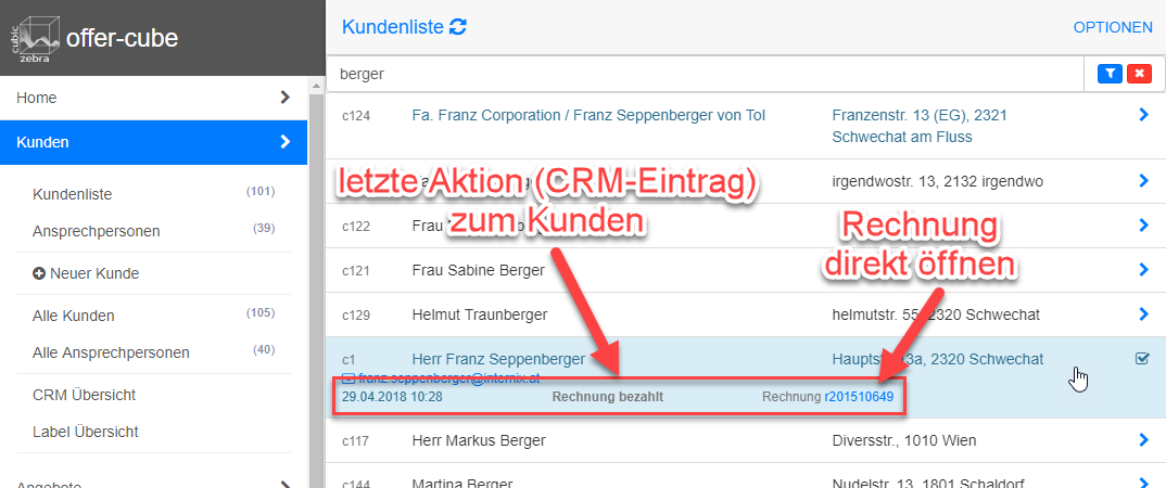 Kundenliste letzter CRM Eintrag Kundenliste letzter CRM Eintrag