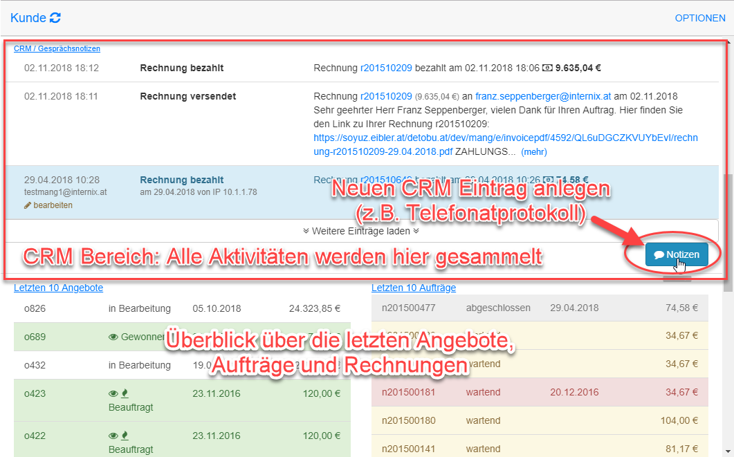 Kundendetails CRM Bereich Kundendetails CRM Bereich