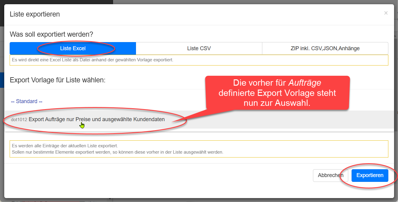In Export-Popup Vorlage auswählen In Export-Popup Vorlage auswählen